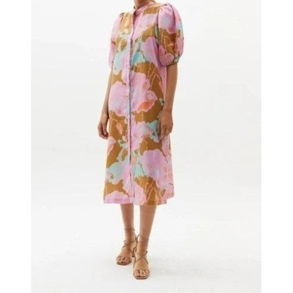 Lanhtropy Aquarela Bubble Linen Button Down Puff Sleeve Midi Dress Womens Large